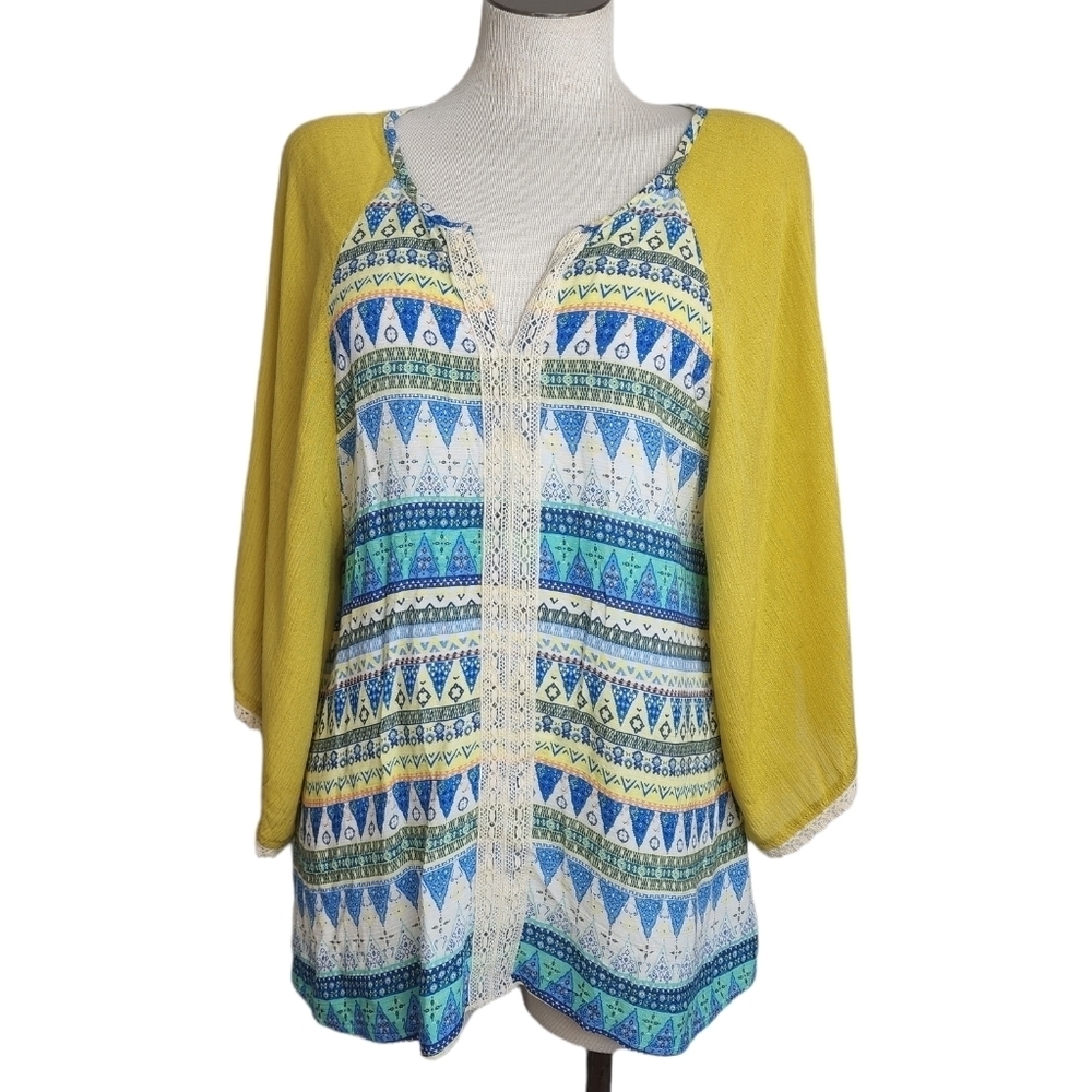 Love Lace Yellow & Blue Geometric V Neck Bell Sleeve Women's Top Size S  NWT